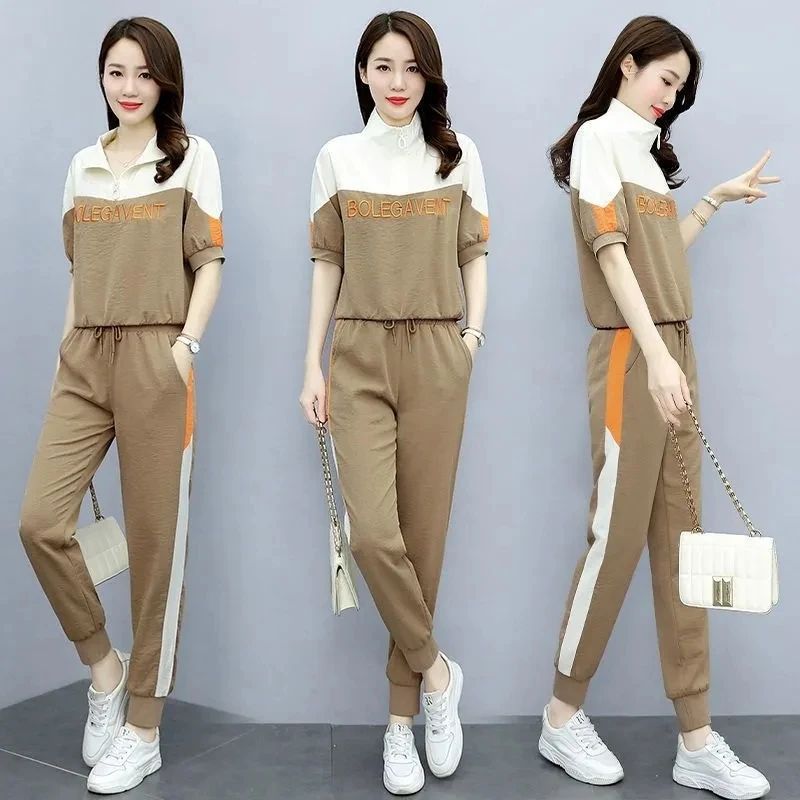 Women Stand-Up Collar T-Shirt And Sports Pant Sets Female 2022 Summer New Fashion Temperament Thin Two Piece Suit Elegant White