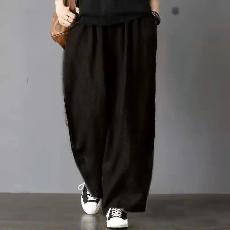 

2023 New Spring and Summer Leisure Vintage Zen Pure Cotton Art Style High Waist Pocket Oversized Lazy Wide Leg Pants for Women