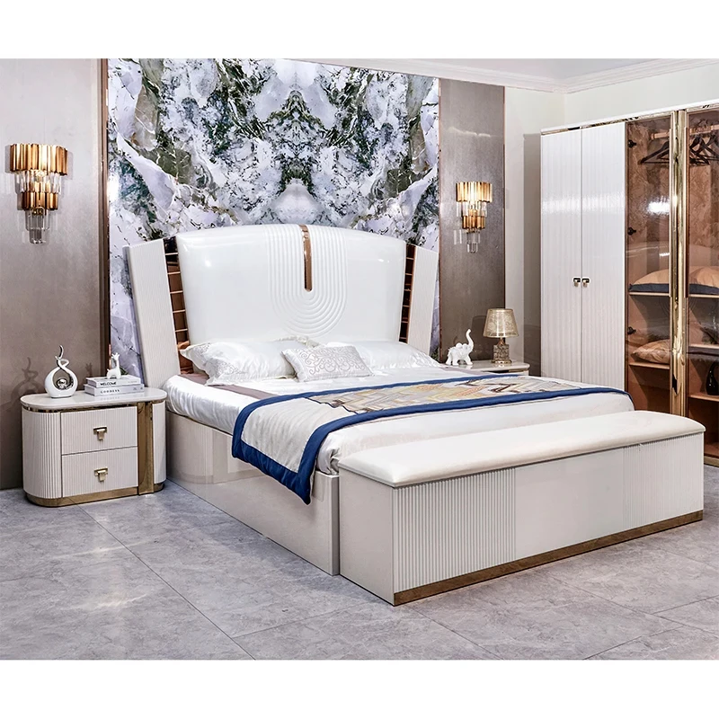 

White Modern Deluxe King Bed Full Bedroom Set Leather Upholstered Home Room Wooden Frame