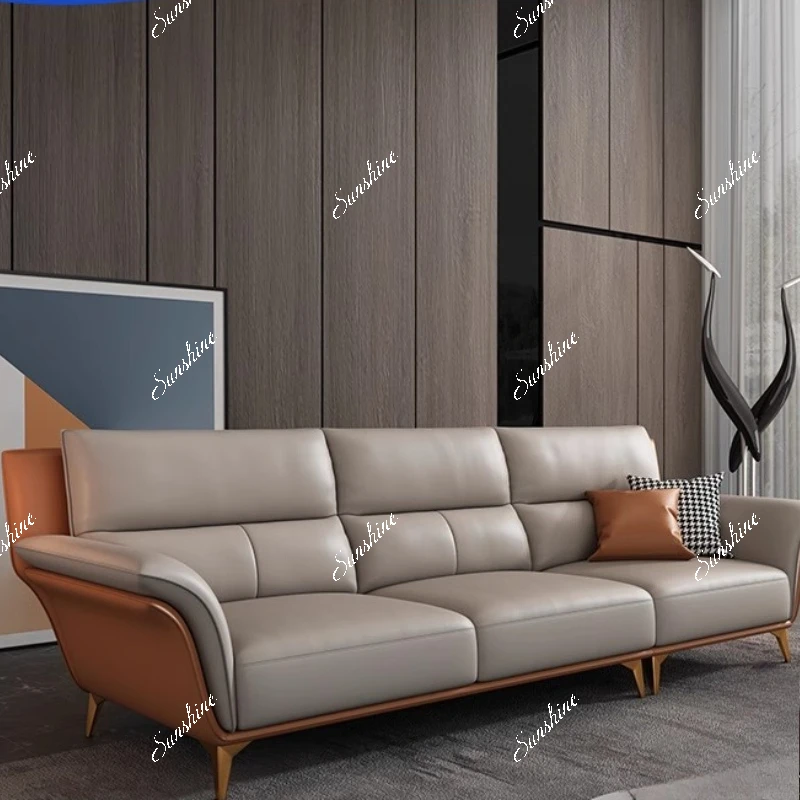 

Leather sofa living room modern light luxury, small apartment straight row of three people, Italian minimalist