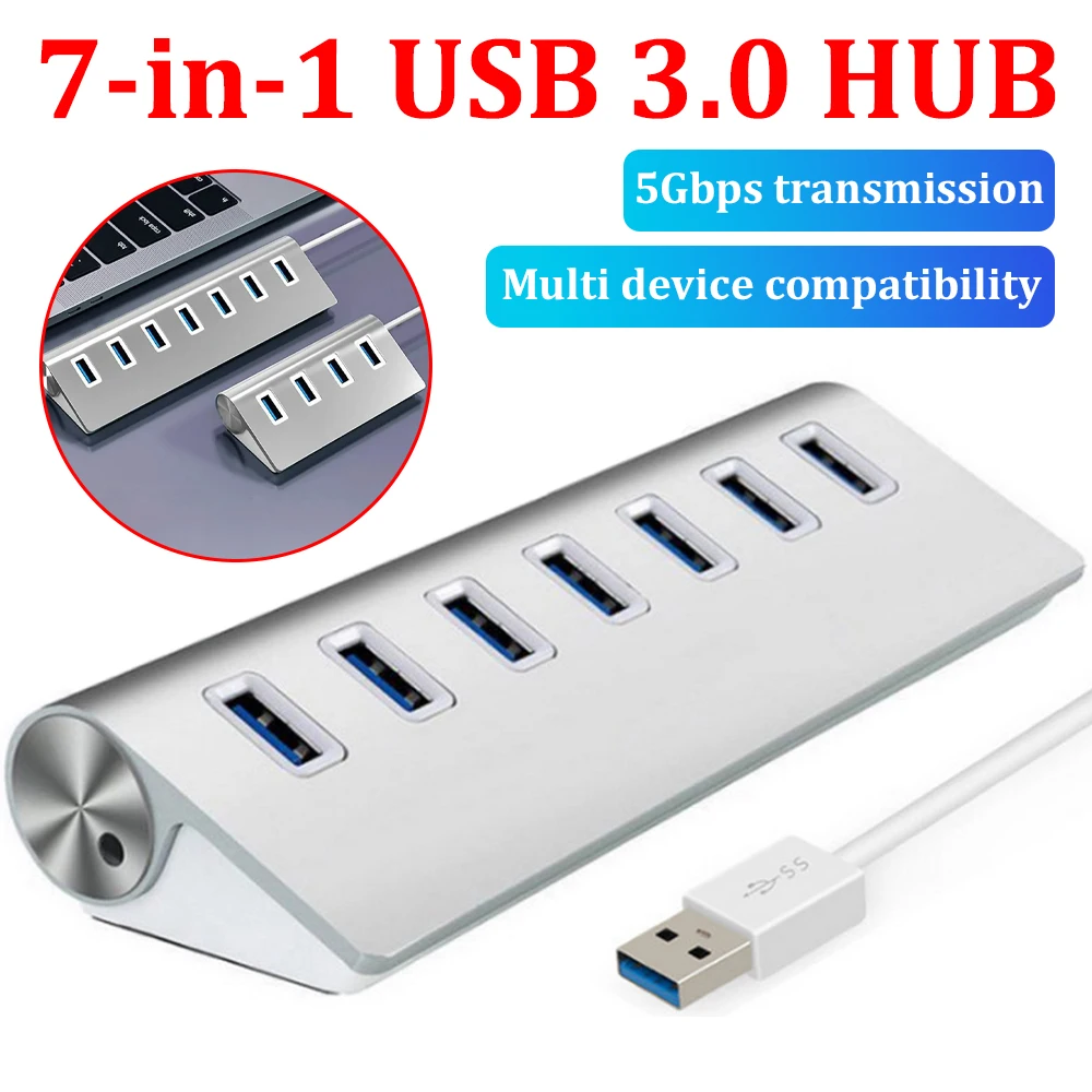 

USB 3.0 HUB 7 Ports High Speed Multi Splitter Adapter Aluminum Alloy Hub Up To 5Gbps Docking Station Expander for Laptop Compute