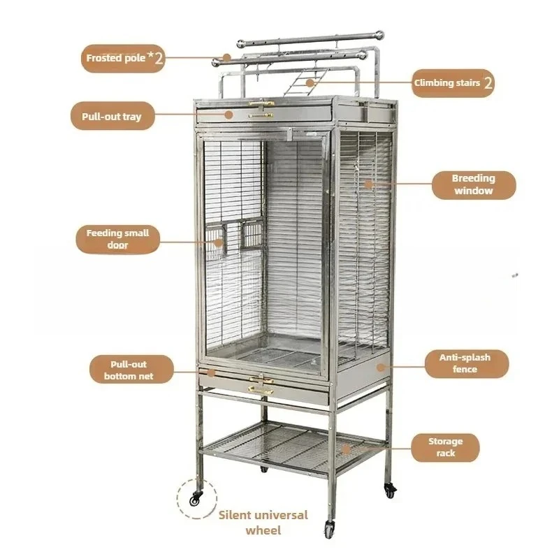 

Клетка для птиц из нержавеющей стали 304, разделенная подставка, прозрачная декоративная серая клетка для попугая Eclectus, роскошная клетка для разведения виллы