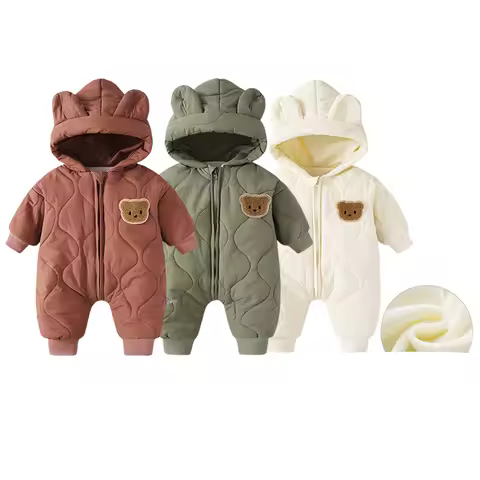 2024 Autumn Winter Hooded Infant Newborn Baby Rompers Fleece Padded Cartoon One-pieced Outdoor Outfit for Baby Boys Girls