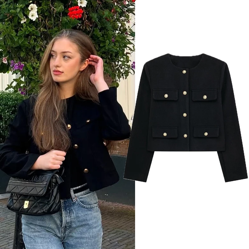سترة نسائية لخريف 2025 سوداء مقصوصة بأكمام طويلة سترة قصيرة أنيقة للمكتب للسيدات ملابس خارجية غير رسمية بأزرار سترة علوية #1