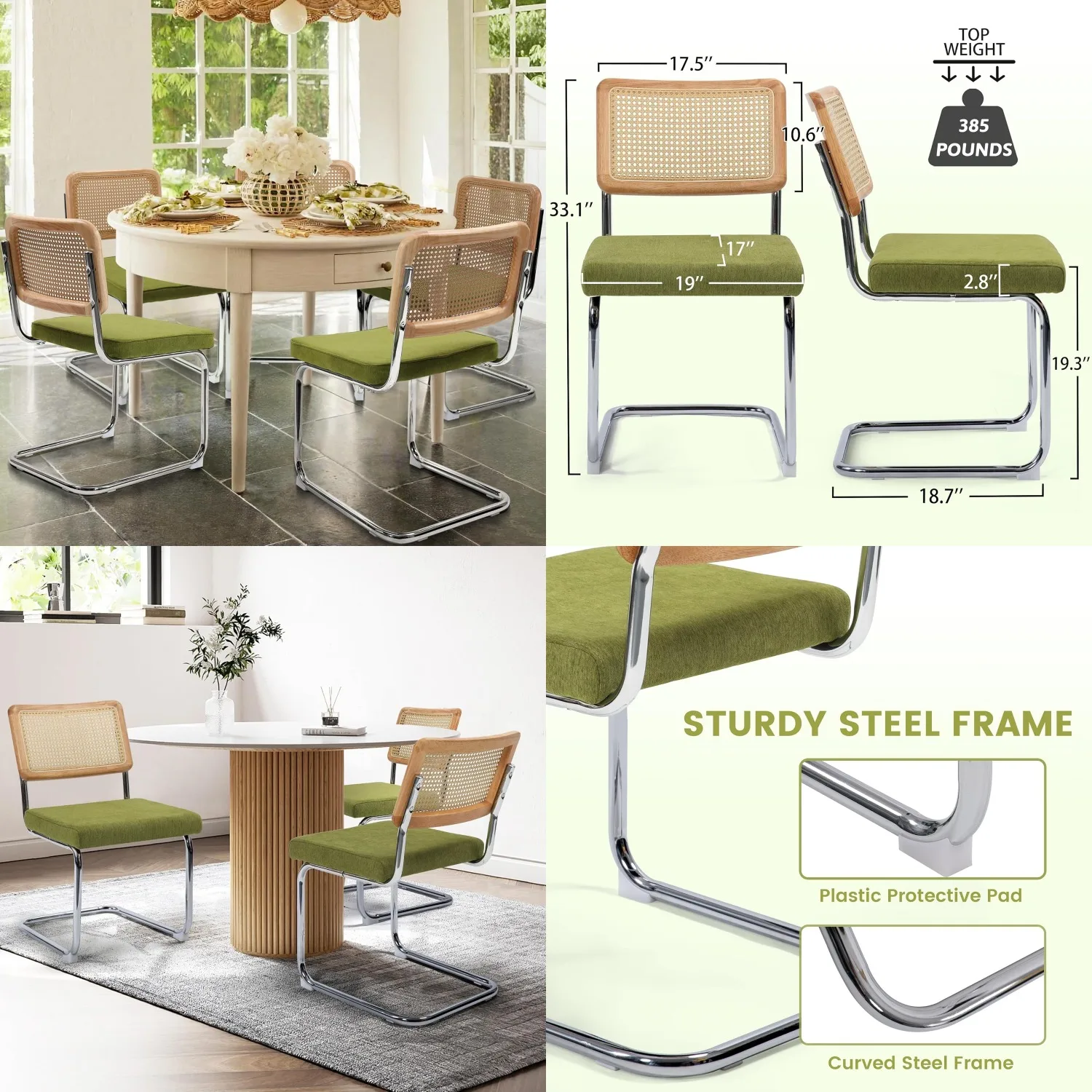 Mid Century Rattan Kitchen Dining Chairs Set of 4 Upholstered Seat Chrome Frame Green Customized
