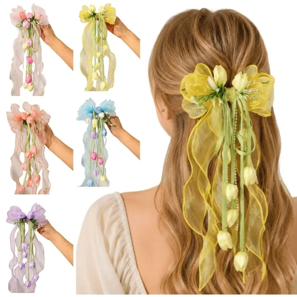 Sweet Fairy Flower Hair Clip Long Ribbon Korean-style Lace Bow Duckbill Clip Elegant Silk Gauze Girls Floral Hairpins Wedding