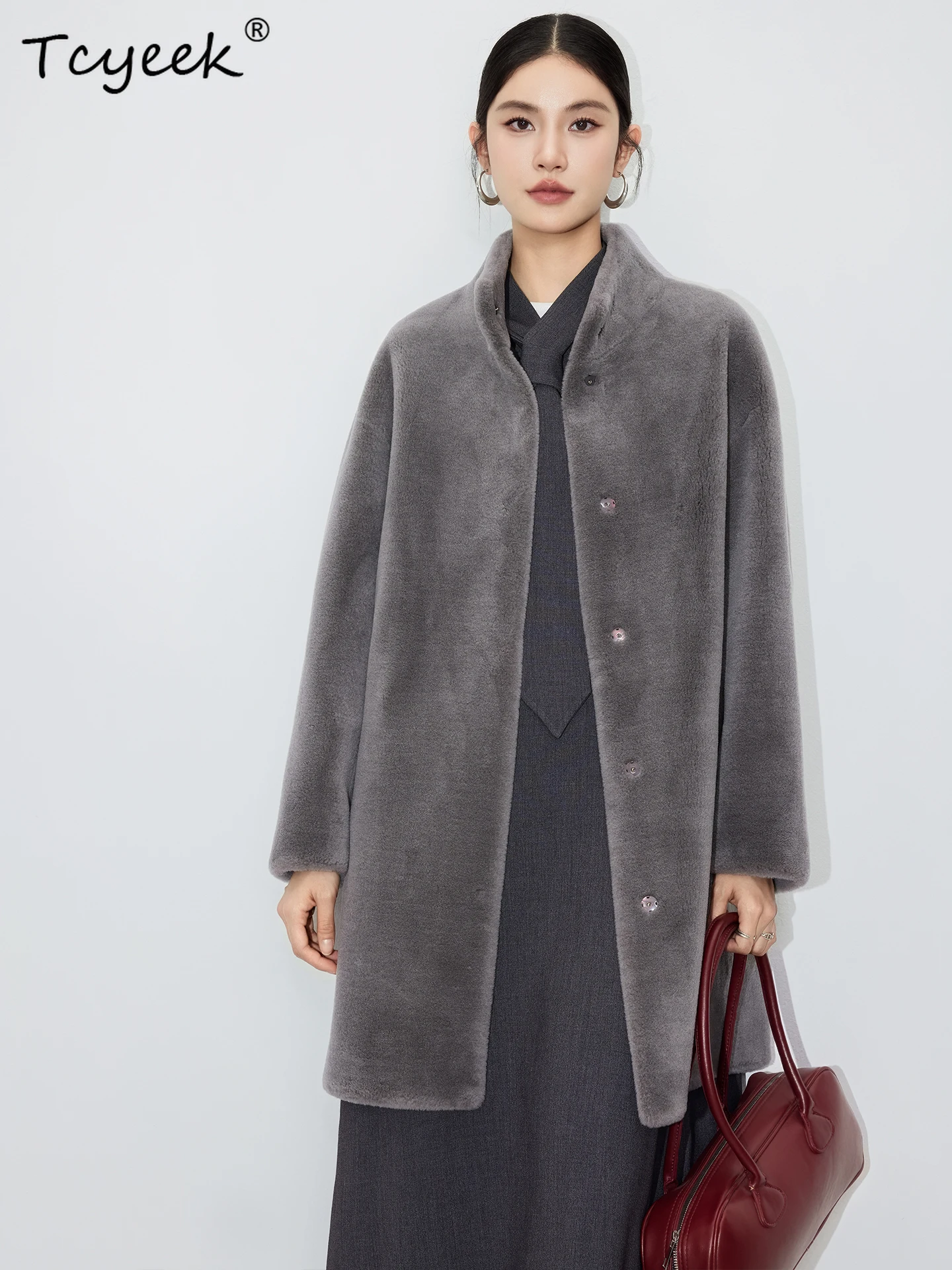Tcyeek الصوف الحقيقي الخريف الشتاء الراقية العصرية الوقوف طوق رمادي متوسط طويل المرأة الصوف شيرلينغ معطف الفرو Fourrures فام