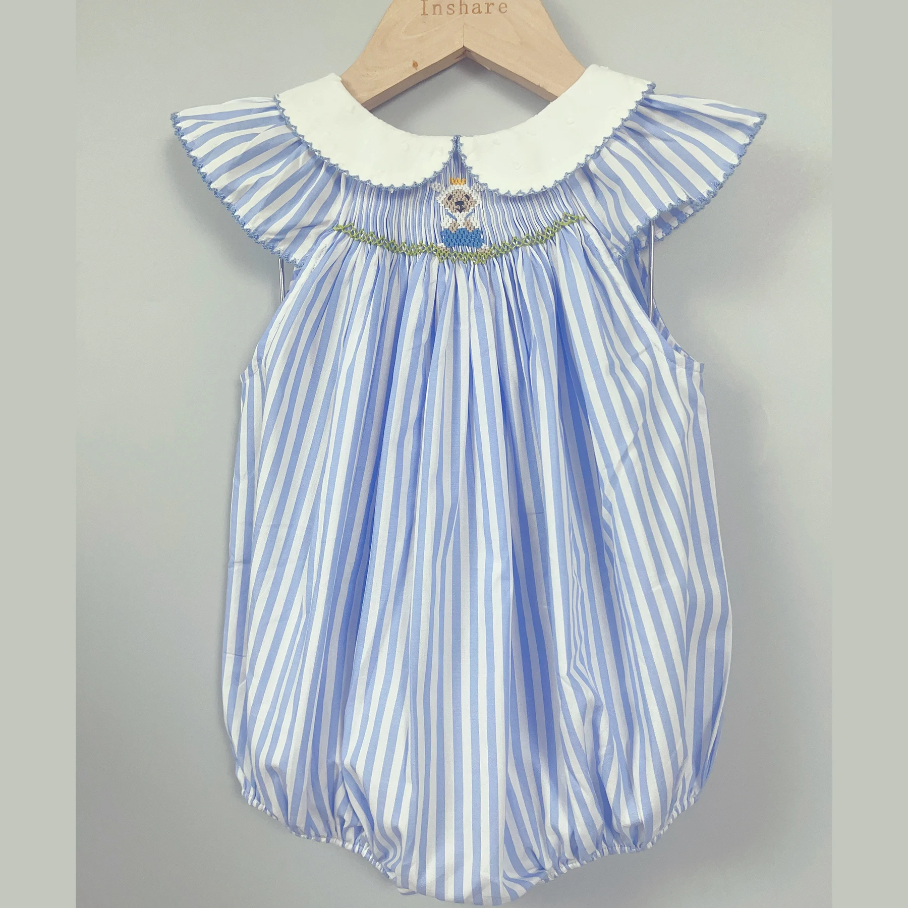 

Summer Baby Handmade Smocking Bubble Sheep Embroidery Pure Cotton Blue Striped Fabric Soft Comfortable Casual Outfit Clothing