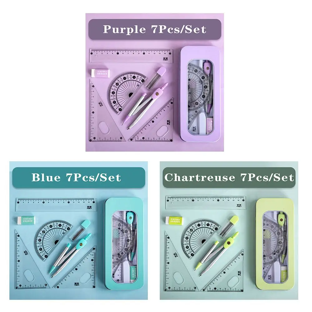 学生のための幾何学分度器セット、定規、コンパス、鉛筆、幾何学、数学の描画、学校の文房具、男の子と女の子のための数学、ギフト、7個