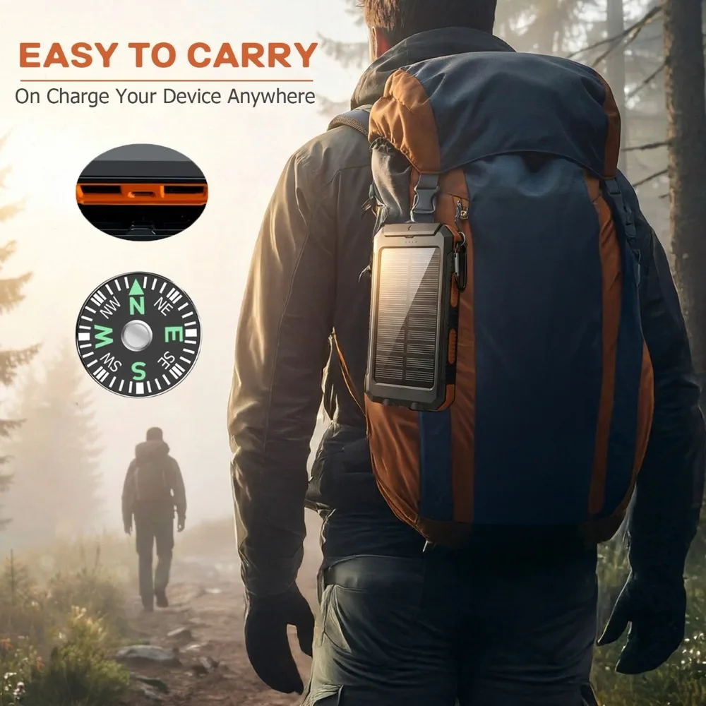 Solar Power Bank10000/20000MAH Portable Fast, Equipped with 4 Dual USB Ports And Type-C/Micro USB Input Ports, Built-in 2.4W LED Flashlight/compass, Suitable for All Mobile Devices, Travel And Camping Backup Power, Practical Gift for Boyfriend view 8