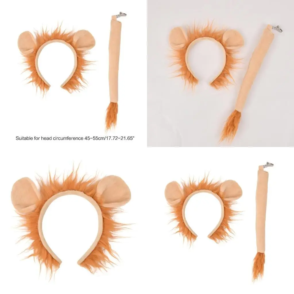 

R1WE Animals Cosplay Costume Sets Lion Ears Headband Plush Tail for Halloween