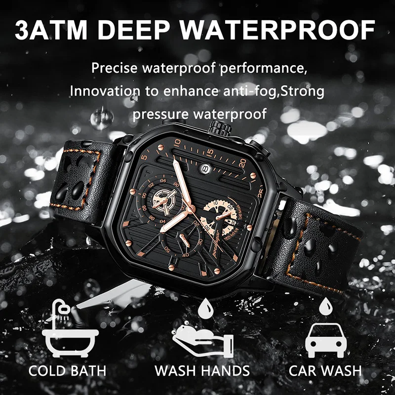 POEDAGAR Square Watch Men Fashion Luminous Waterproof Quartz Wristwatches Sport Chronograph Calendar Clock Male Casual Leather