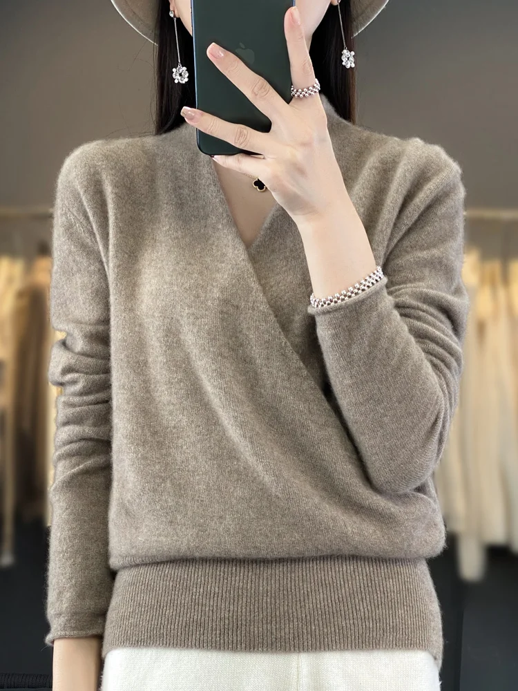 New Spring Summer 100% Pure Wool Sweater For Women V-neck Long Sleeved Criss-Cross Solid Color Pullover Higt-Quality Clothing