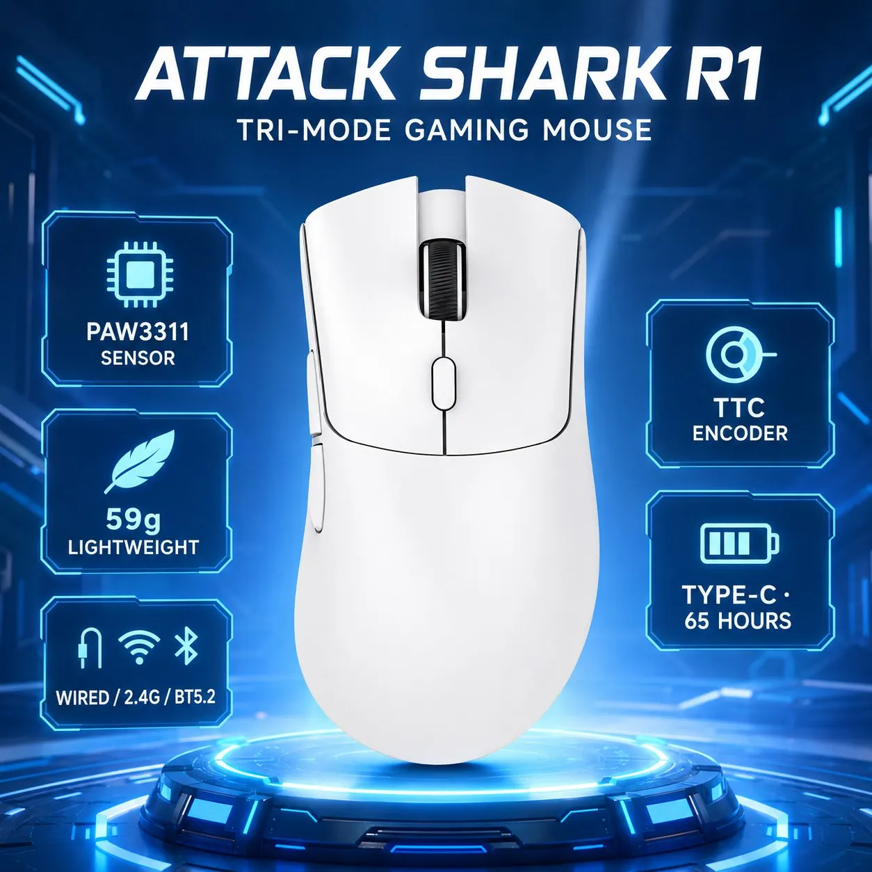 ATTACK SHARK R1 59g Ultra-light Mouse Have PAW3311,18000DPI,400IPS,40G,1000Hz,Tri-Mode,Broadcom BK3633 Master,20 Million Times