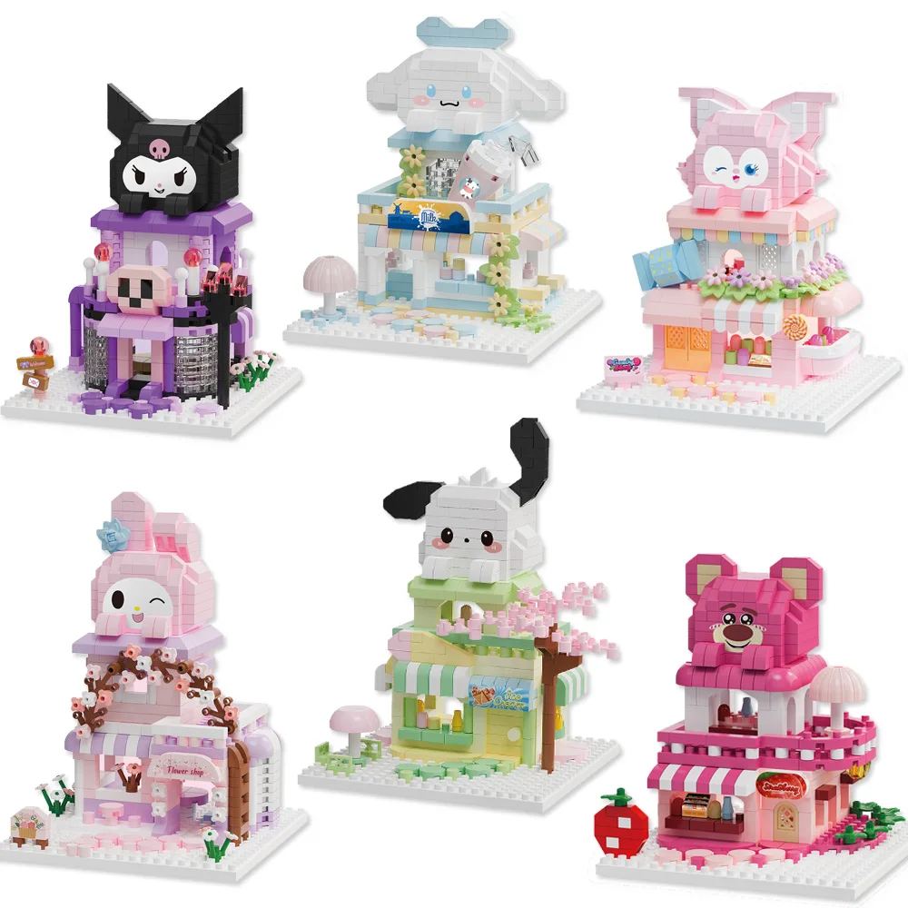 

Милые строительные блоки Sanrio Street View Pochacco Melody Cinnamoroll Losto Shop, мини-модель, собранные кирпичные игрушки для детей, подарок