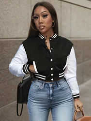 Elegant Women_s Casual Jacket  White Autumn Winter Button Baseball Aviator Cropped Jackets For Women Long Sleeve Crop Outerwear