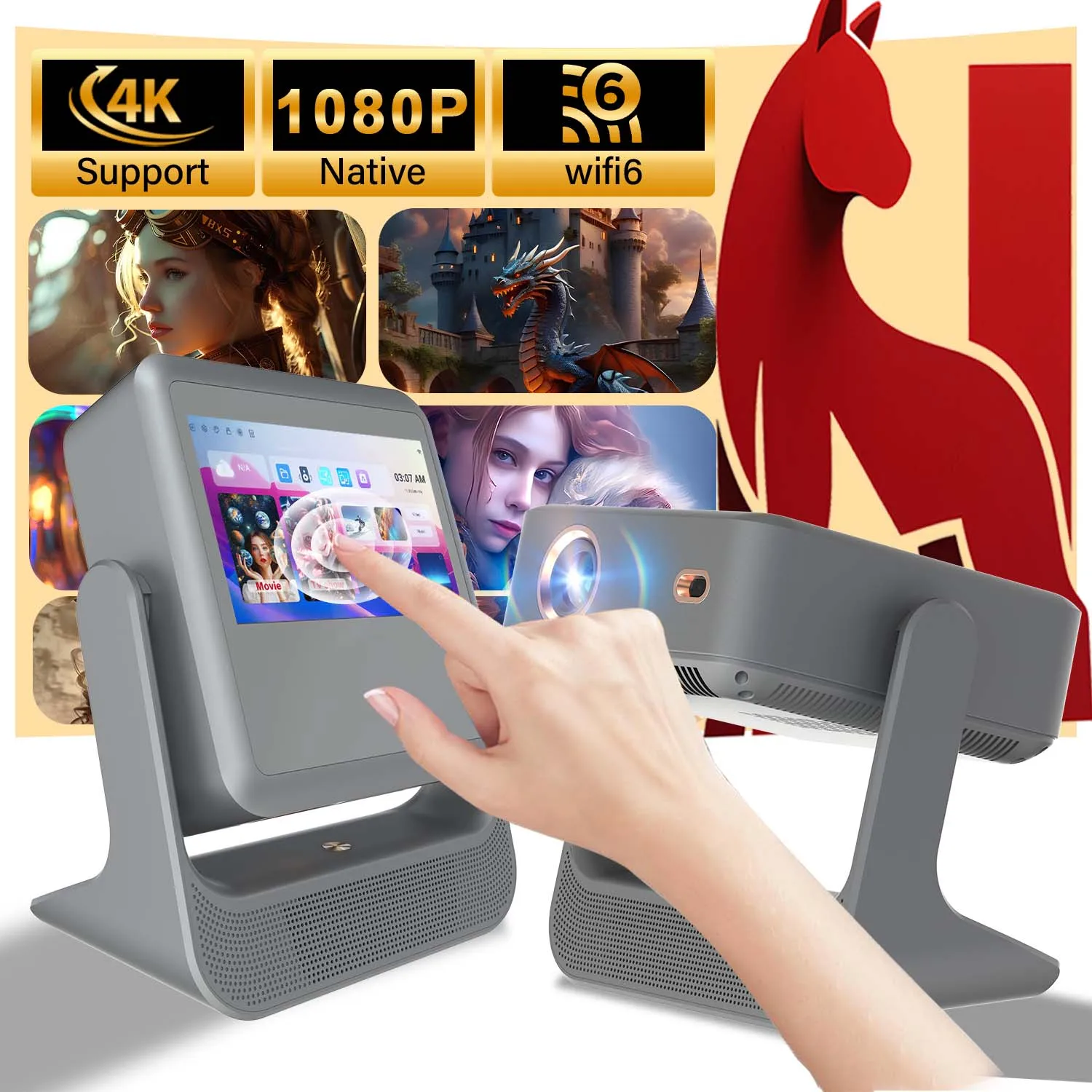 Projector 4K 1080P, 8" Touch Display, Wireless Bluetooth, Dual Screen HDMI USB, Home Cinema Karaoke