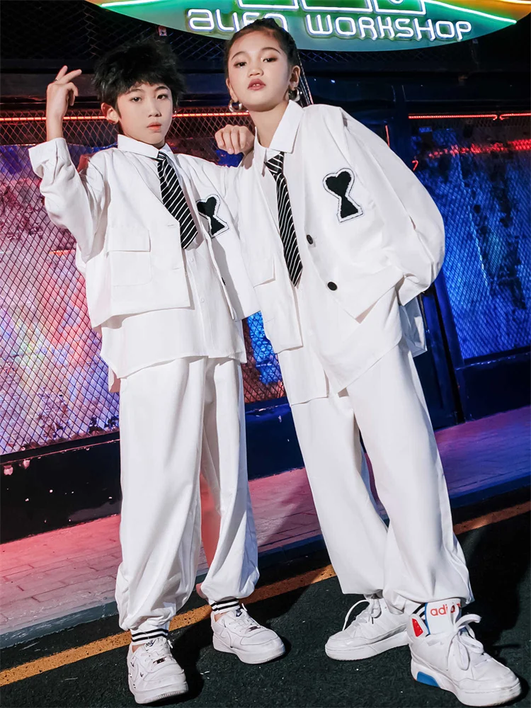 Loose Long Sleeves Hip Hop Clothes Girls Jazz Street Dance Performance Stage Costume Boys Children White Shirts Pants