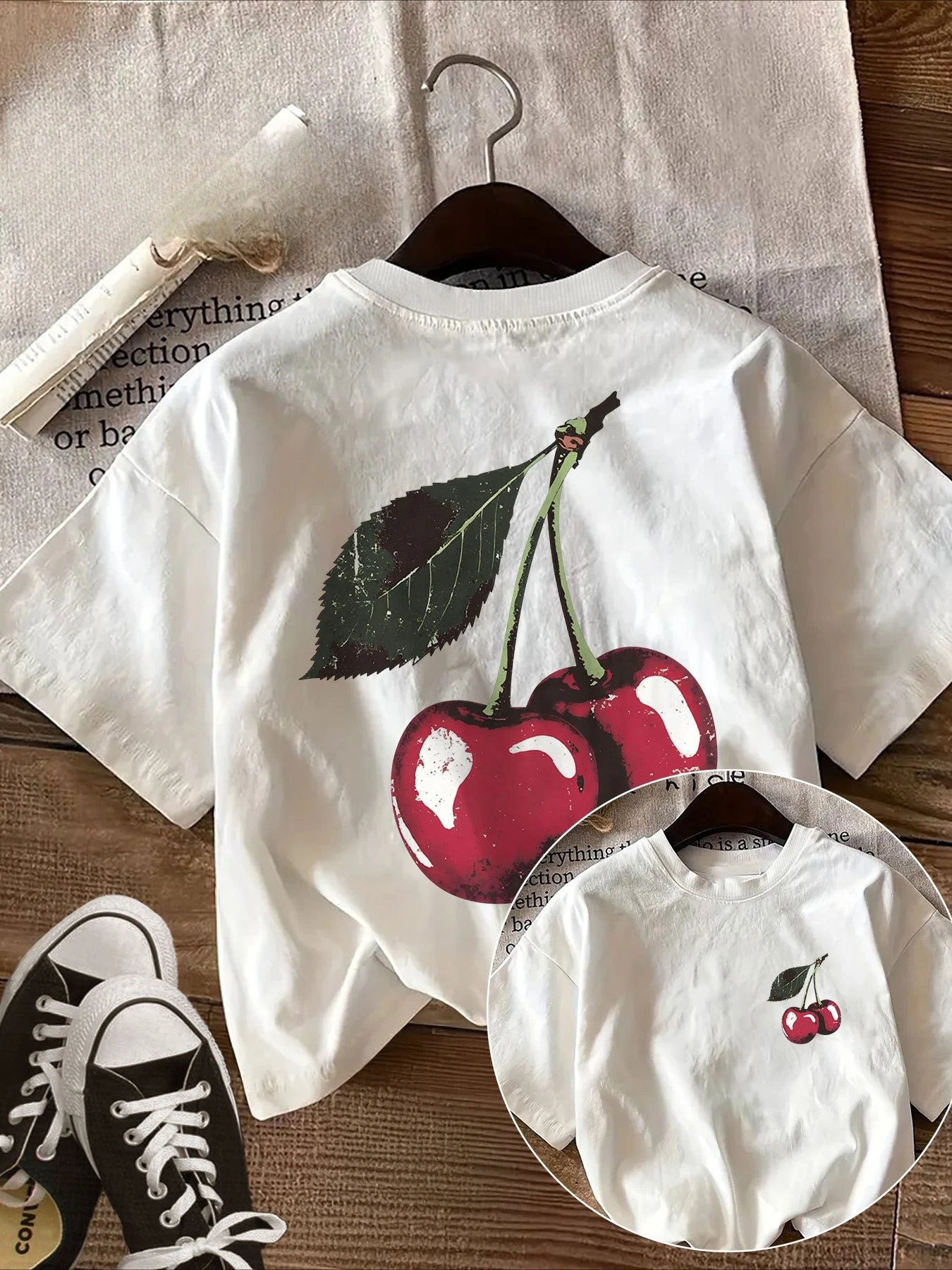 Children's Round Neck T-shirt Fashionable Loose Soft Comfortable Breathable Versatile Cherry Green Leaf Pattern Top