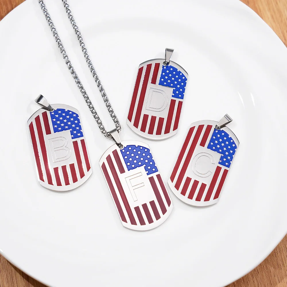 Custom Picture Dog Tag Pendant Necklace Men American Flag Personalized Letter A-Z 2024 New Trend Customized Christmas Gift