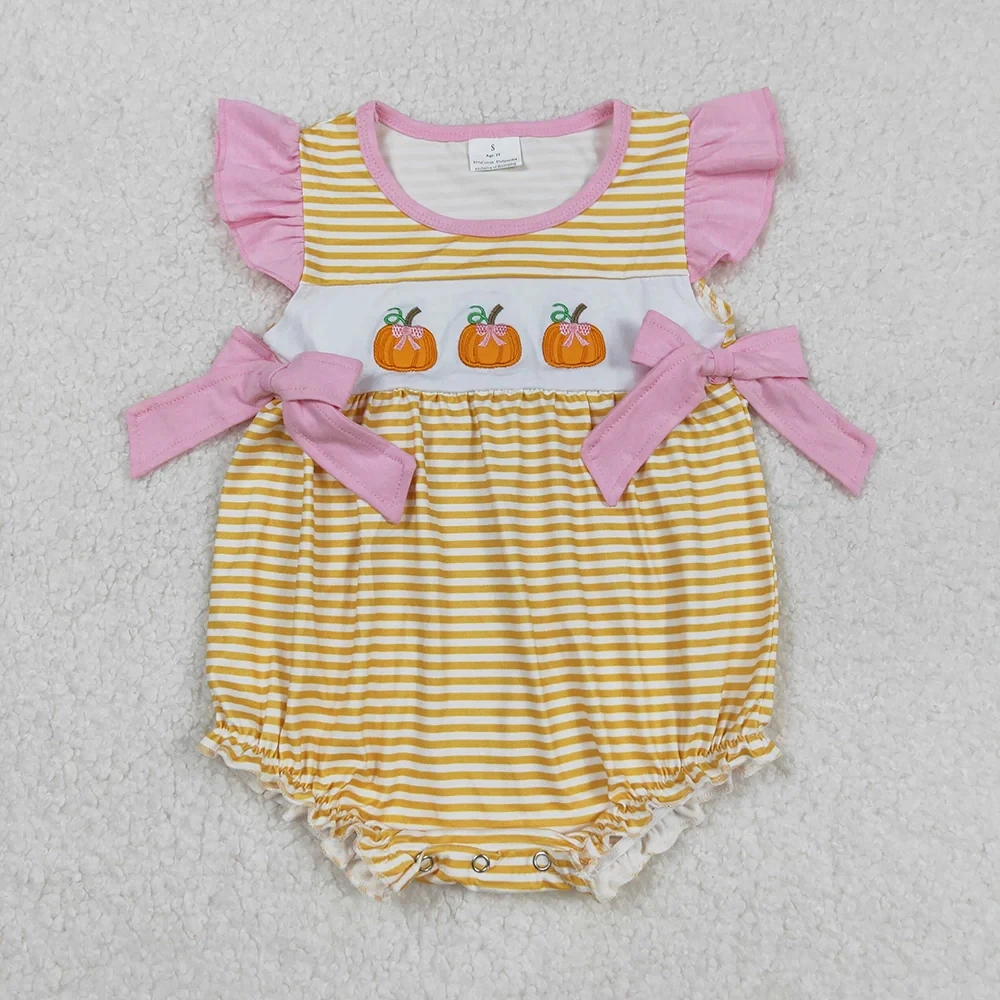 

Wholesale Baby Girl Toddler Thanksgiving Children Embroidery Pumpkins Bows Romper Kids Newborn Coverall Stripes Bubble Bodysuit