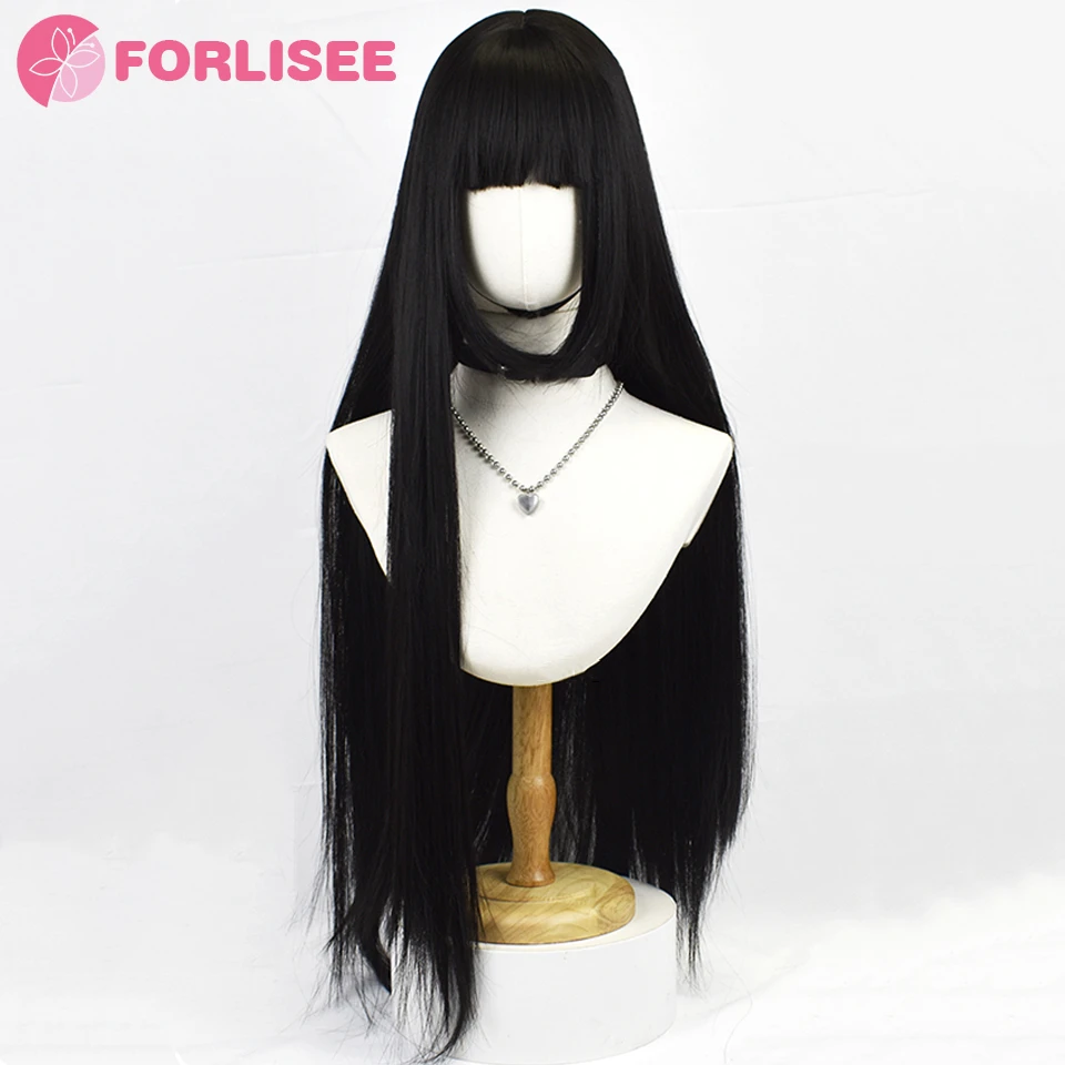 FORLISEE Synthetic Lolita Princess Cut Hairstyle Natural Black Extra Long Straight Wig For Women Daily Party Use 35 Inch