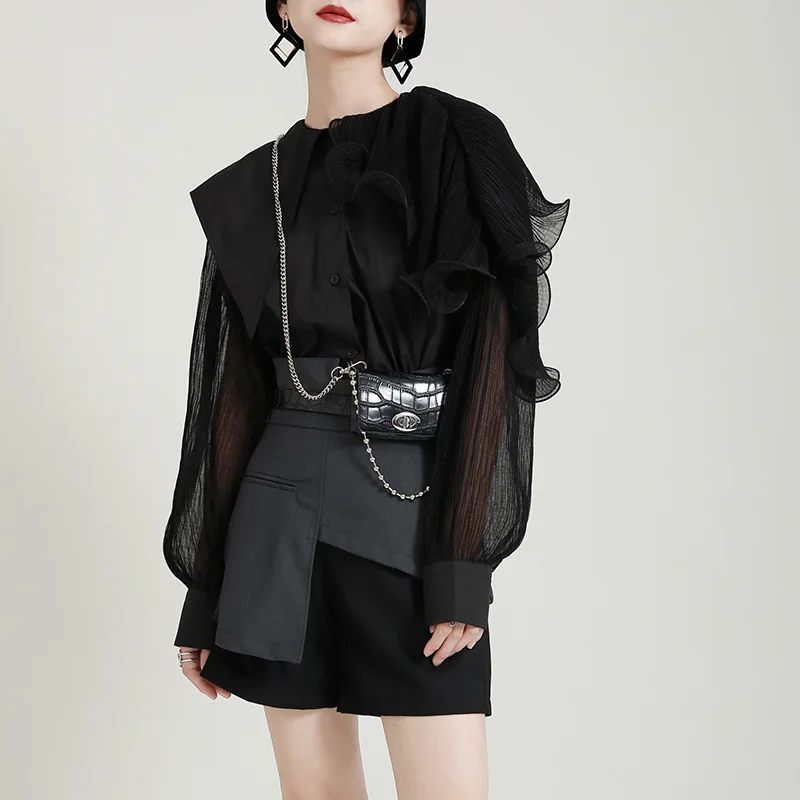 2024 spring new lapel ruffled roll ruffled edge irregular stitching loose short sleeve shirt with belt top