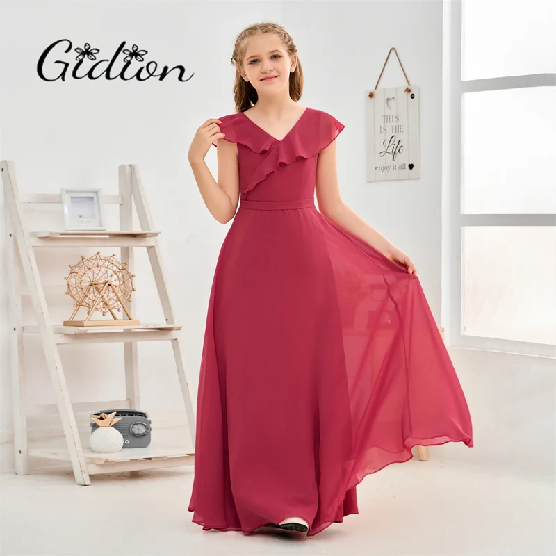 A-Line Chiffon Junior Bridesmaid Dress For Kids Graduation Celebration Wedding Ceremony Ball Evening Gown Birthday Party Prom