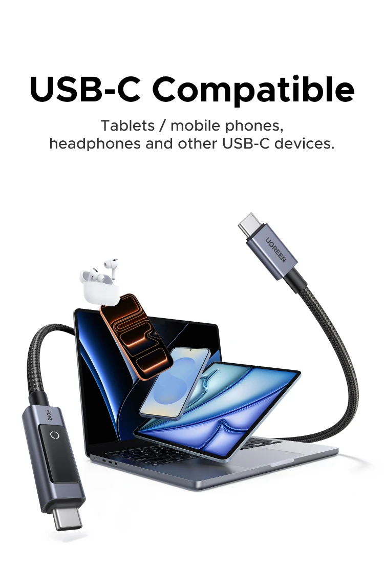 UGREEN PD240W USB-C to USB-C Cable with TFT Smart Display Nylon braided Aluminum 480Mbps for iPhone MacBook Galaxy Pixel XPS