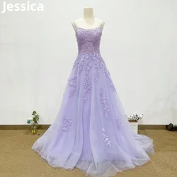 Jessica Purple Tulle Prom Dresses Embroidery Appliqué Evening Dress Vestidos De Fiesta Sexy Back Tie Wedding Party Dresses