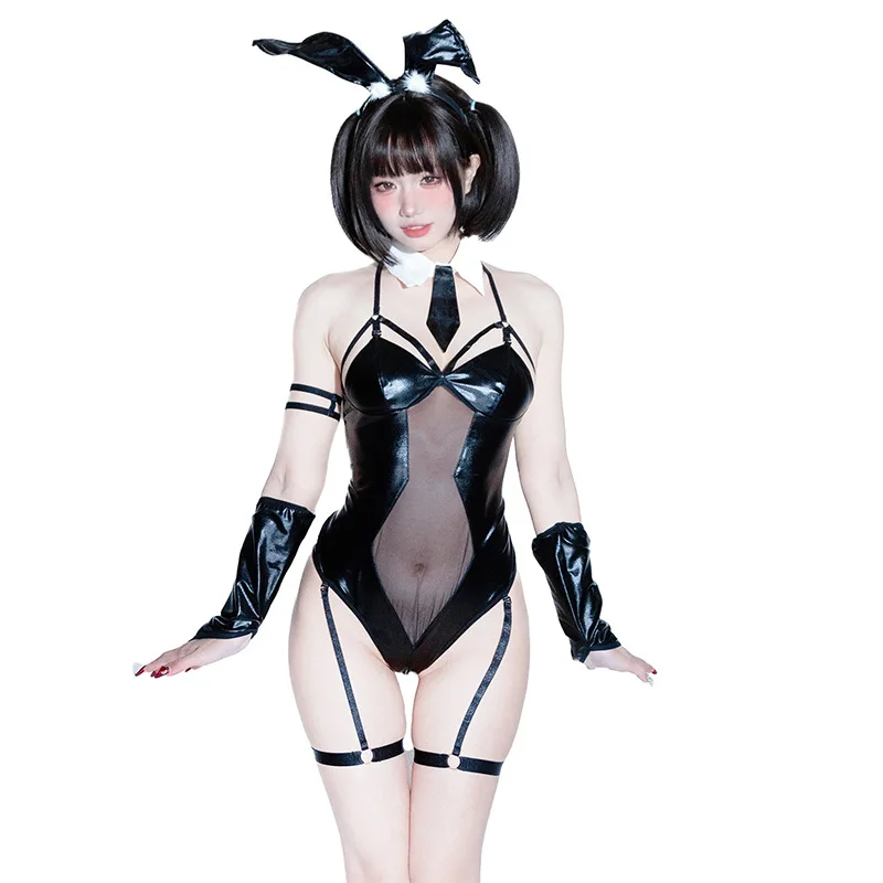 Sexy Transparent Bunny Girl Cosplay Costumes Women Sexy Leather Bodysuit Rabbit Ears Uniform Halloween Carnival Party Clothes