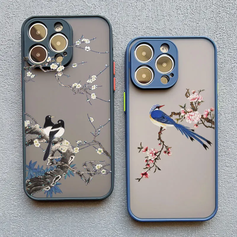 Birds Watercolor Painted Pattern Phone Case For iPhone 12 13 mini 17 16 11 14 Pro Max X XR XS 15 Plus Shockproof Flower Cover
