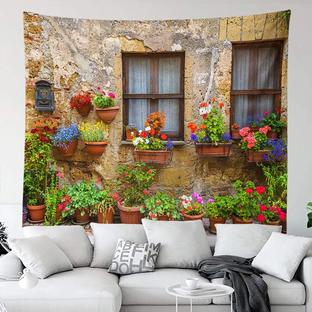 Tuscany Tapestry Italy Old Stone Wall Flowers Windows Decor Wall Hangings Large for Bedroom Living Room Dorm Man Cave