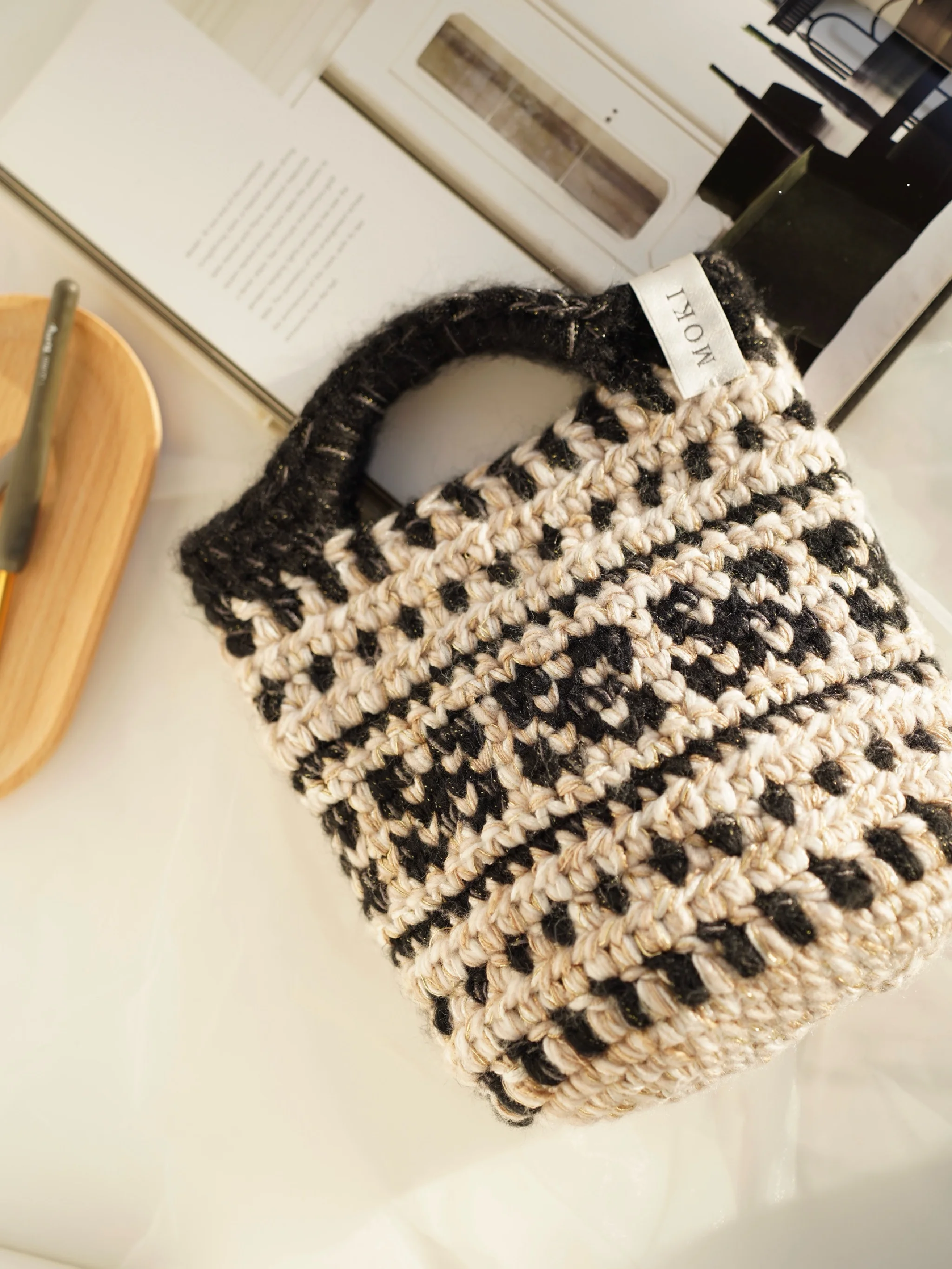 original-design-color-block-tote-bag-crochet-kit-hook-needle-diy-knitting-material-bag-moki-brand-thick-yarn-craft-kit