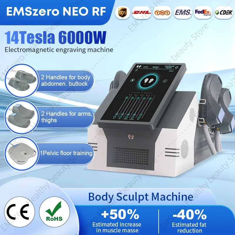 

EMSzero Neo 6000w 14 Tesla Muscle Body Carving Layer Machine 4 Handle RF and EMS Pelvis Stimulation Pad Optional