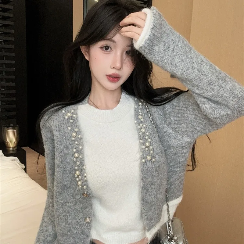 الخريف الشتاء المرأة فضفاضة V-Ne محبوك سترة Thiened طويلة Sve قاعدة طبقة irt لينة مريحة Sle وهمية تصميم قطعتين