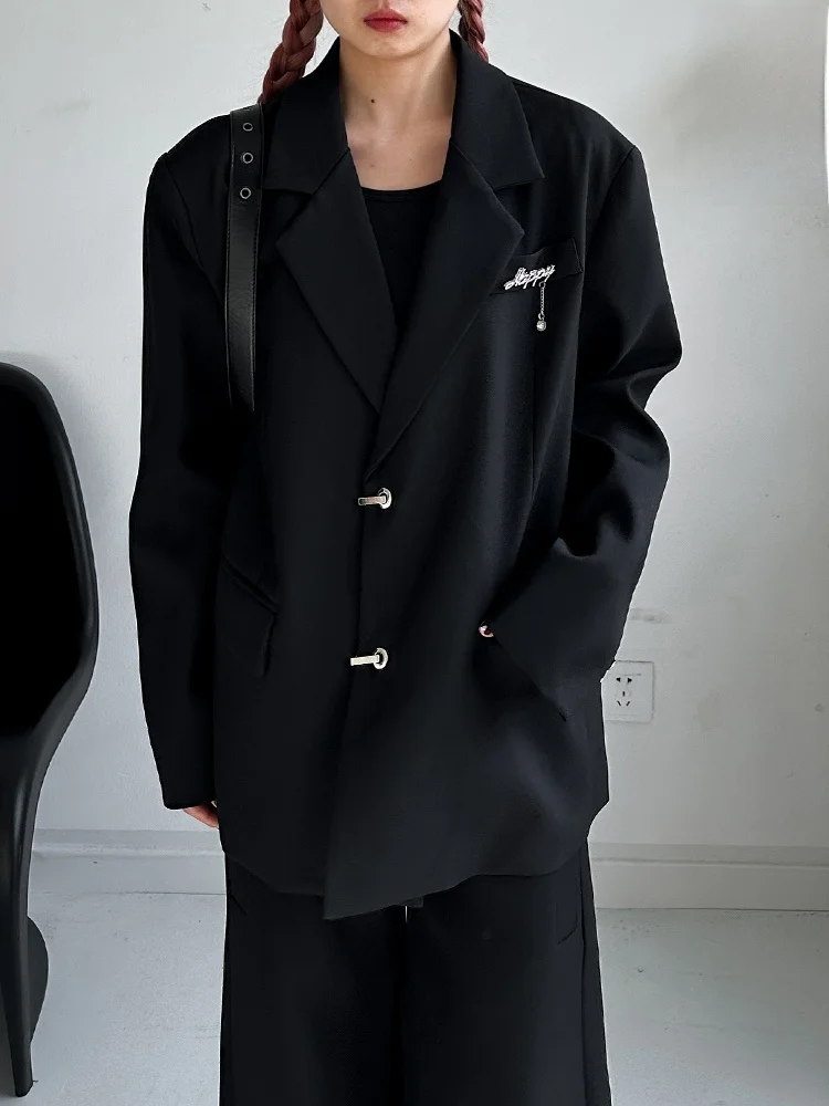 

Addicted to L Design Metal Bule Bla High-End Feel Lapel Pin Loose Casual ex Suit Jaet Long Sve Single Button