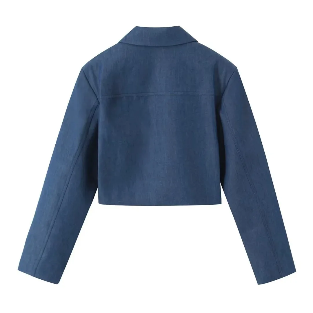 سترة نسائية قصيرة فضفاضة باللون الأزرق تناسب الموضة على الطراز الأوروبي الأمريكي #3