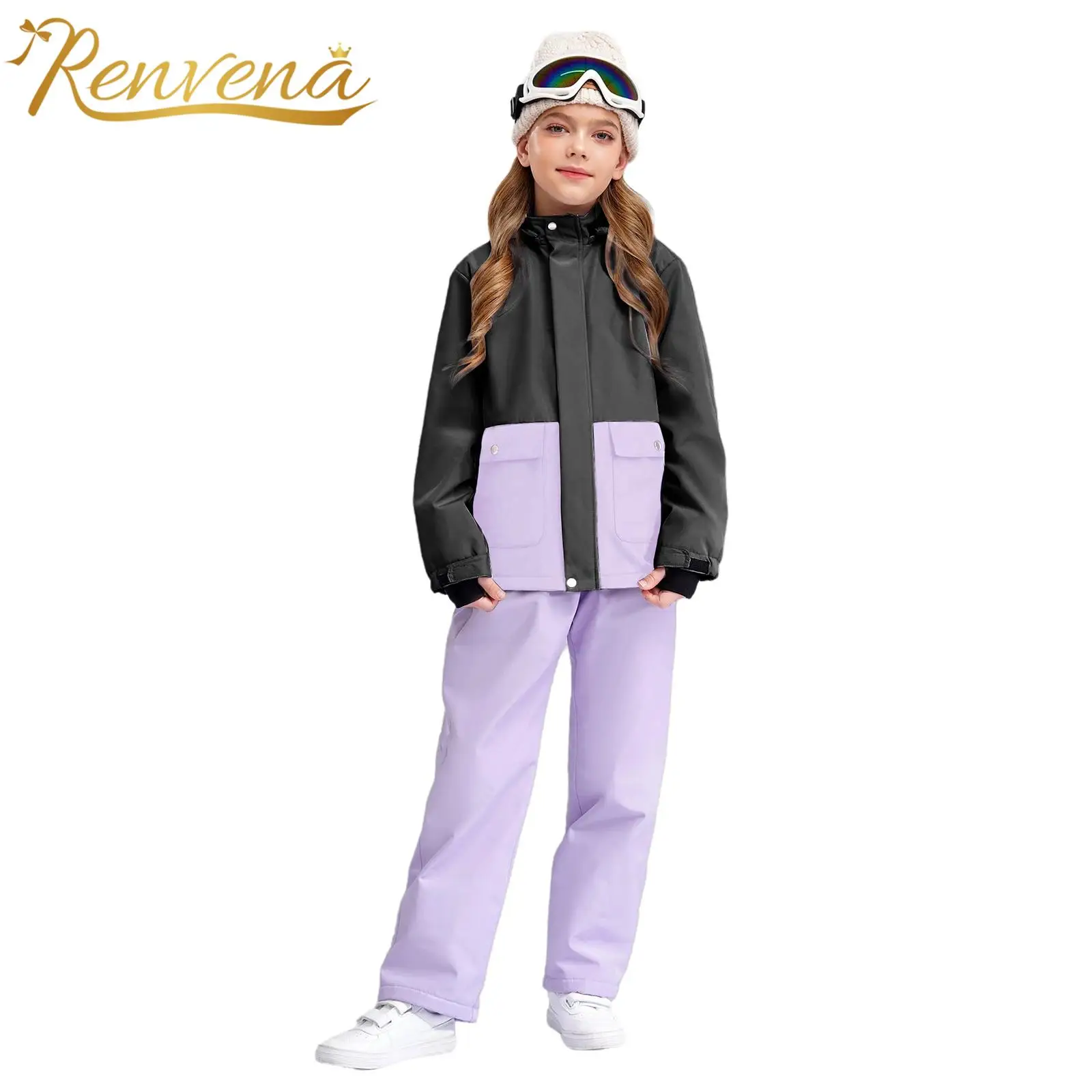 Kids Girls Skiing Suit Ski Jacket Hooded Coat with Pants for Outdoor Snow Sports Snowboarding Outfits Long Sleeve Sportwear Sets