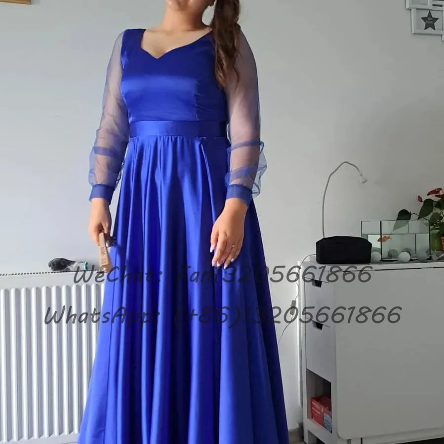 Sheer Long Sleeve Bridesmaid Dresses Royal Blue Long A-line Slit V-neck Wedding Guests Dress For Women Prom Party Gown