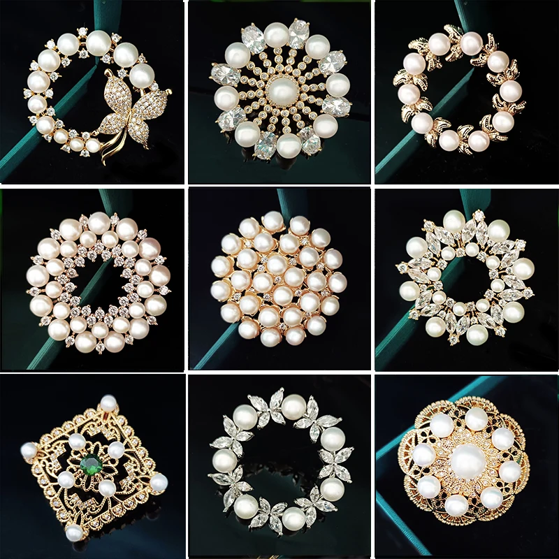 

Vintage Court Cubic Zircon Snowflake Brooch Elegant Atmospheric Natural Fresh Water Pearl Round Brooch Pins Gorgeous Accessories