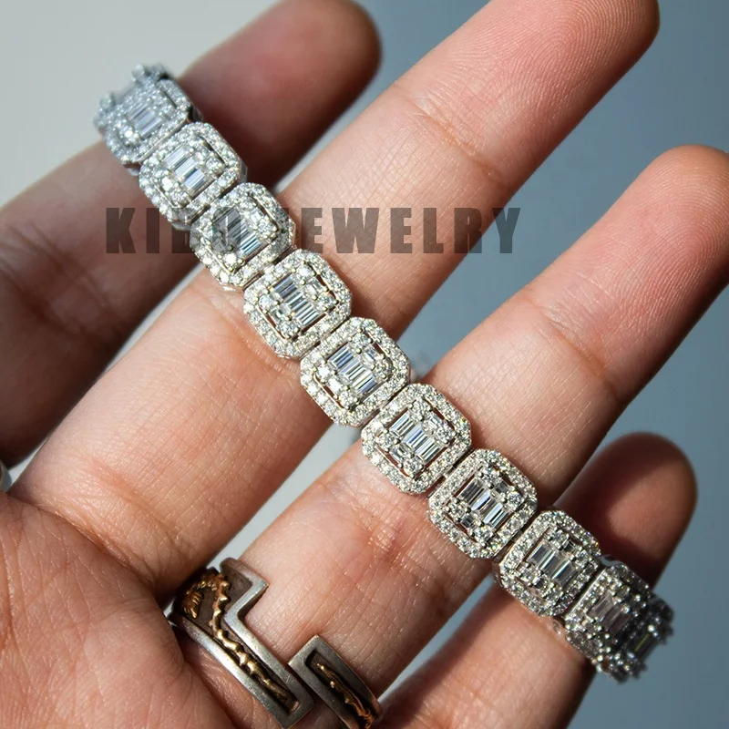 Kibo Jewelry Hip Hop Jewelry Iced Out 9mm Width Sterling Silver Men Baguette Moissanite Cluster Tennis Bracelet