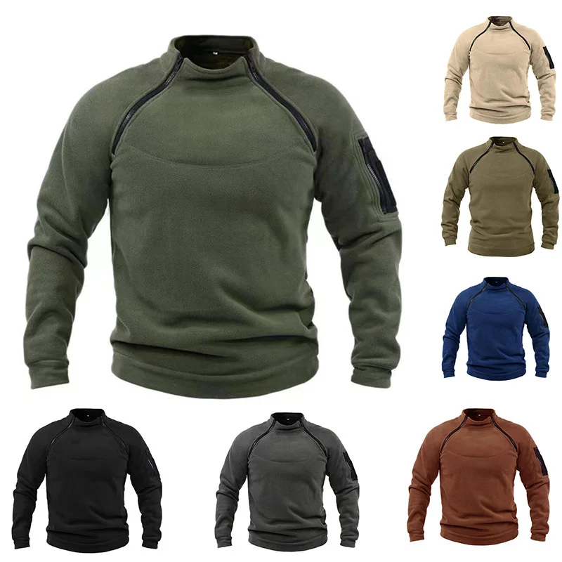 Men\'s Sweatshirts Tactical Outdoor Sportwear Jacket Standing Collar Solid Color Pullover Male Windproof Fleece Thick Casual Tops