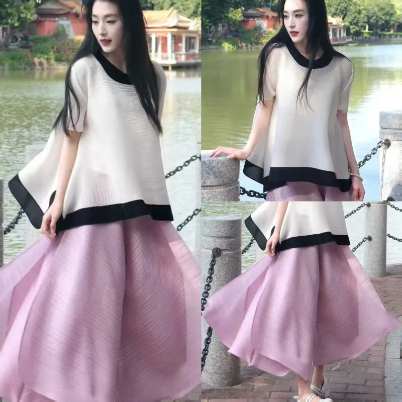 

Miyake плиссированная юбка, костюм Plisse для женщин, осень 2023, повседневная юбка без рукавов с круглым вырезом, тонкий универсальный кардиган, комплект из 2 предметов