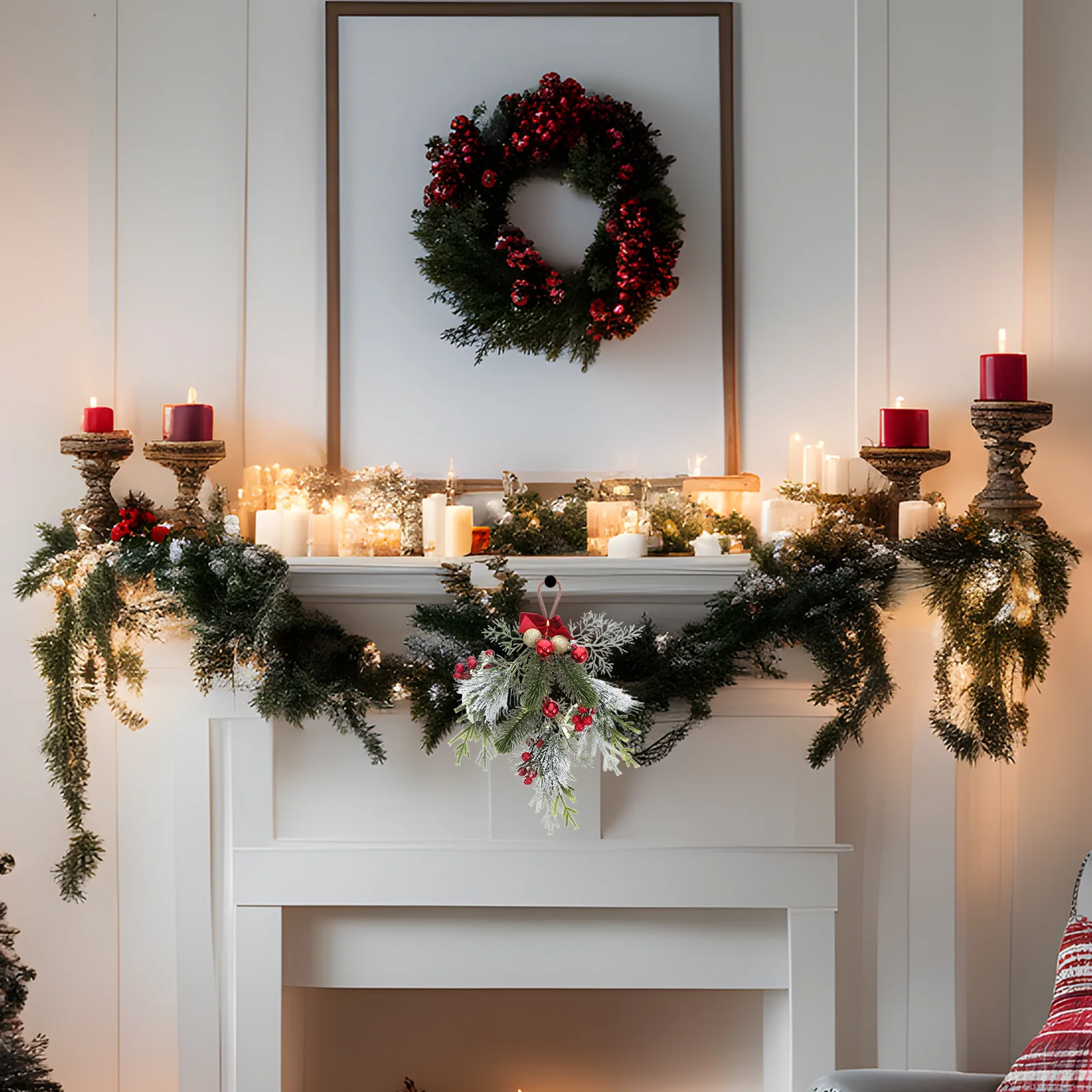 

Winter Wall Hanging Wreath Red Berries Golden Ornaments Pvc Pine Greenery Front Door Home Decor Xmas Teardrop Swag