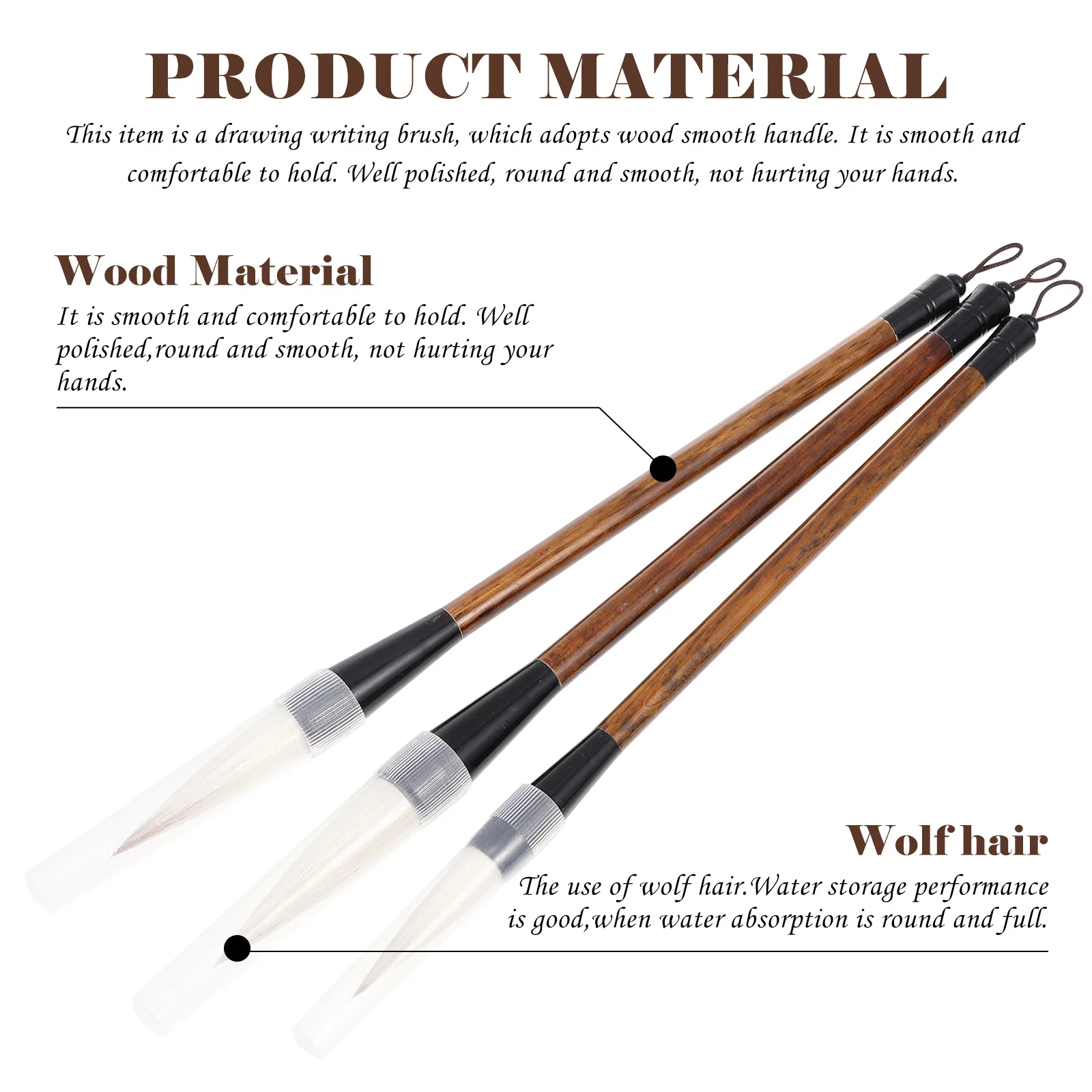 

3Pcs Chinese Calligraphy Brush Set Smooth Wooden Handle Comfortable Grip Traditional Writing Painting Tools for Beginners