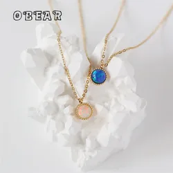 Stainless Steel Plated 18k Gold Magic White Blue Colored Round Opal Pendant Necklace Women Classic Gift Jewelry