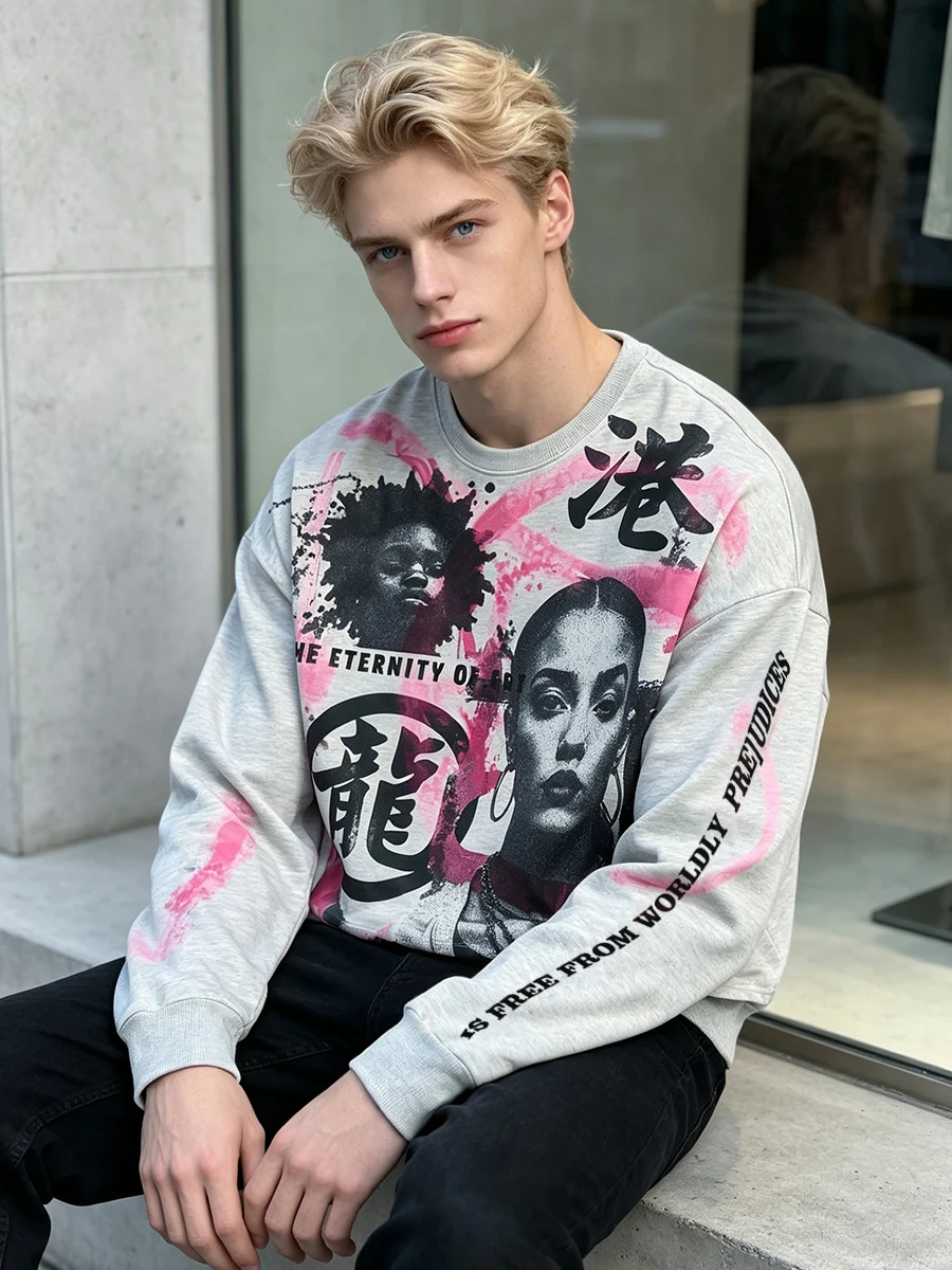 American Retro Splashed Ink Portrait Print Short Long Sleeved Sweatshirt, Hong Kong Style Dragon Shaped Street Fashion