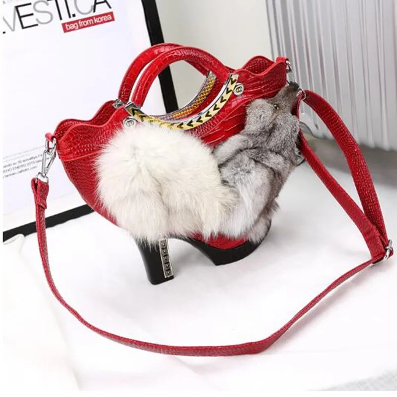 Autumn and winter new fox fur handbag personality creative high heels model hand-held diagonal bag