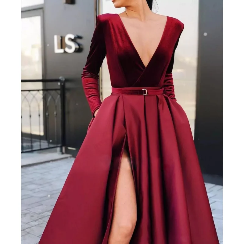 

Sexy Long Sleeve Wine Red Dress Deep V Split T-Stage Dress Fashion Show Performance Evening Party Annual Meeting Dress